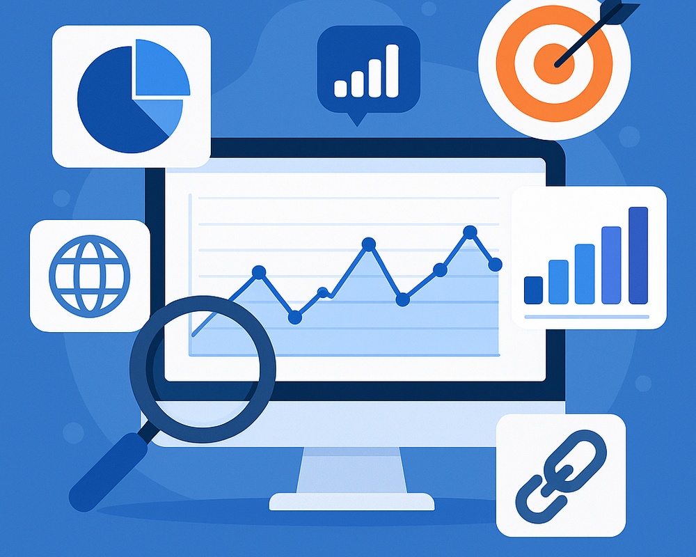 نمودار تحلیلی روی مانیتور با آیکونهایی از نمودار دایرهای، میلهای، تارگت، لینک و کره زمین، نمادهایی از تحلیل داده، سئو، و بازاریابی دیجیتال با محوریت ابزارهای آنالیز سایت مثل SimilarWeb