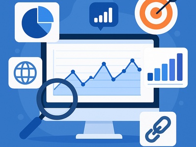 نمودار تحلیلی روی مانیتور با آیکون‌هایی از نمودار دایره‌ای، میله‌ای، تارگت، لینک و کره زمین، نمادهایی از تحلیل داده، سئو، و بازاریابی دیجیتال با محوریت ابزارهای آنالیز سایت مثل SimilarWeb